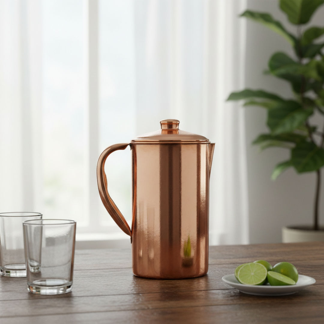Pure copper plain designer jug with lid plain, 1000 ML